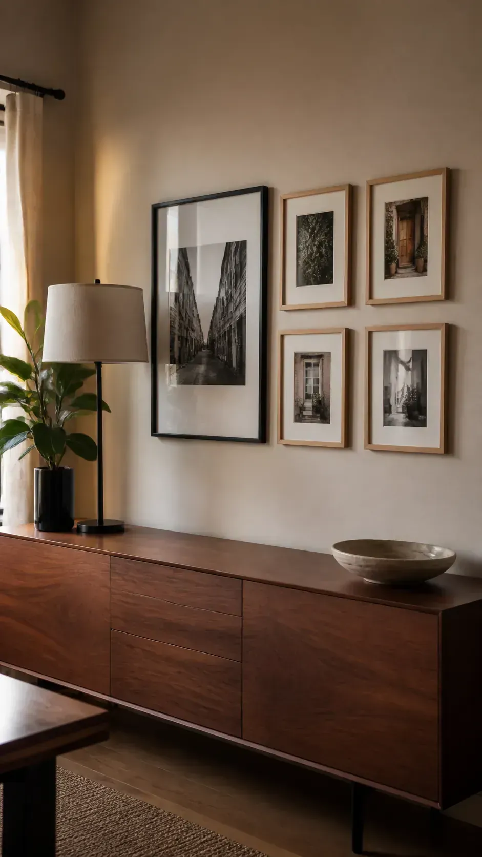 Asymmetric picture frame layout above a sideboard