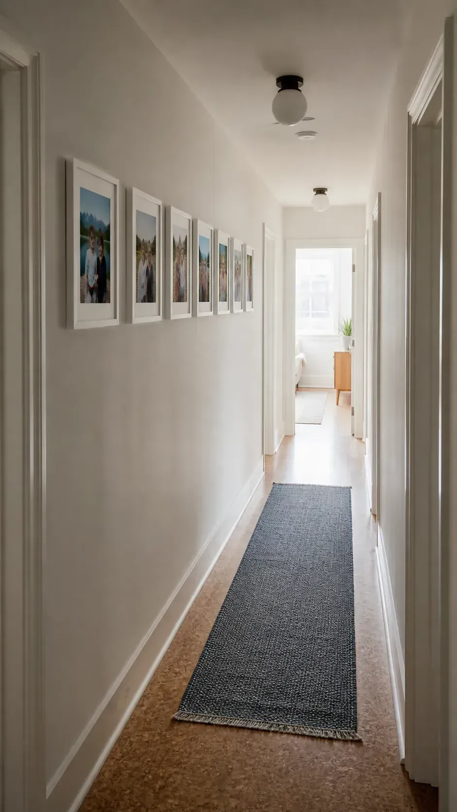 Long row of matching photo frames in a hallway