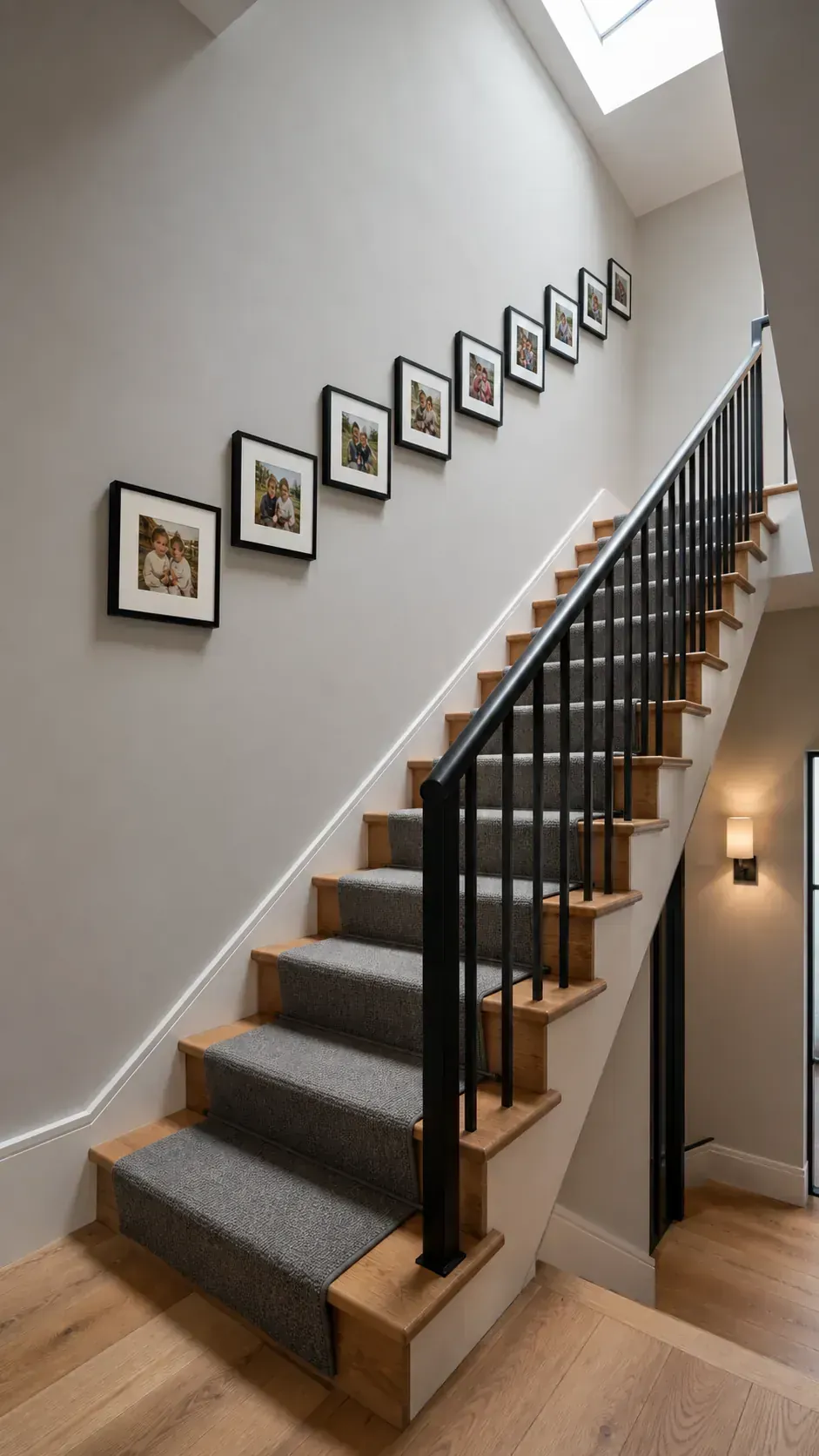 Repeating family photo frames following a staircase