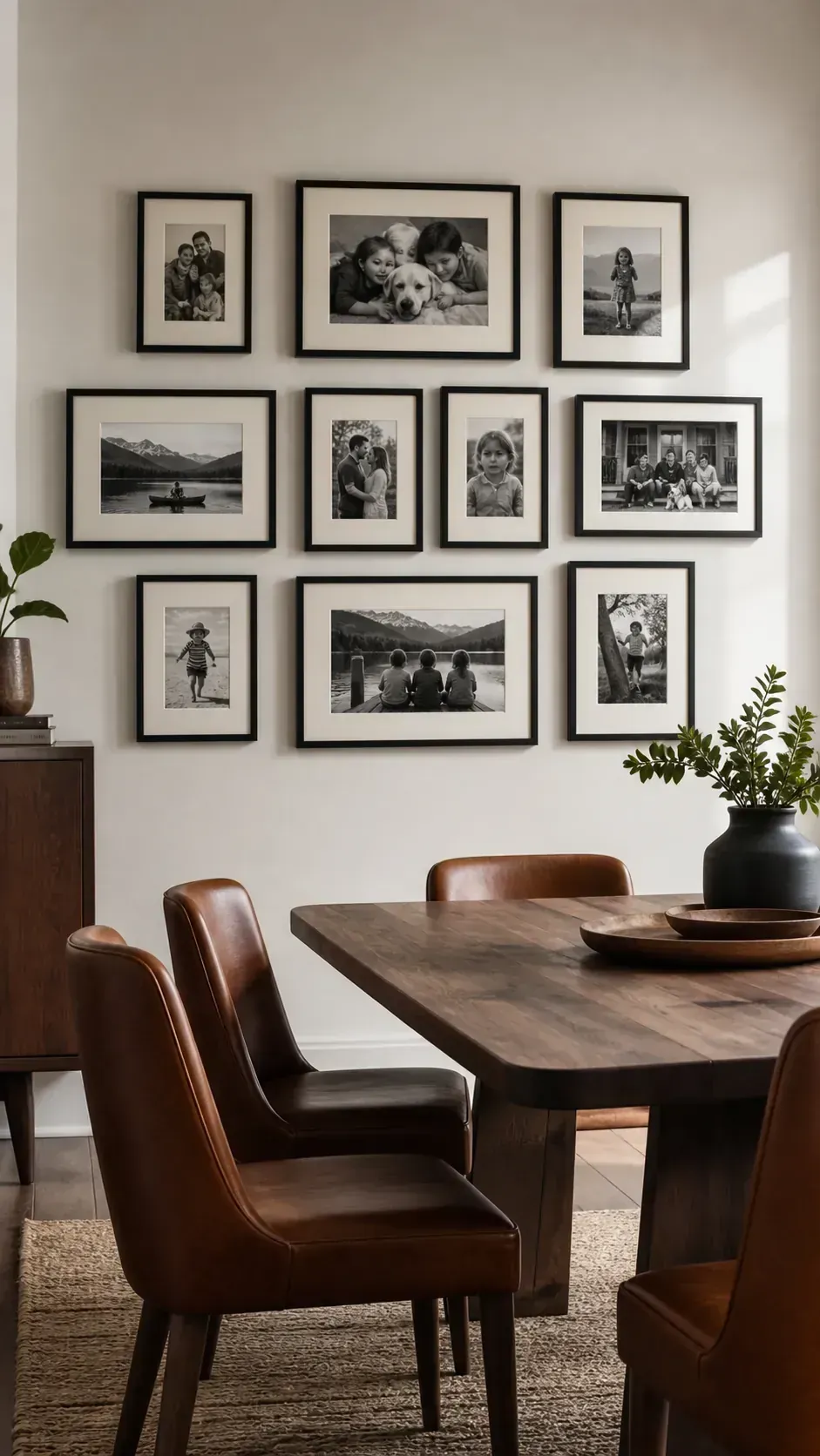 Black frames displaying black and white family photos