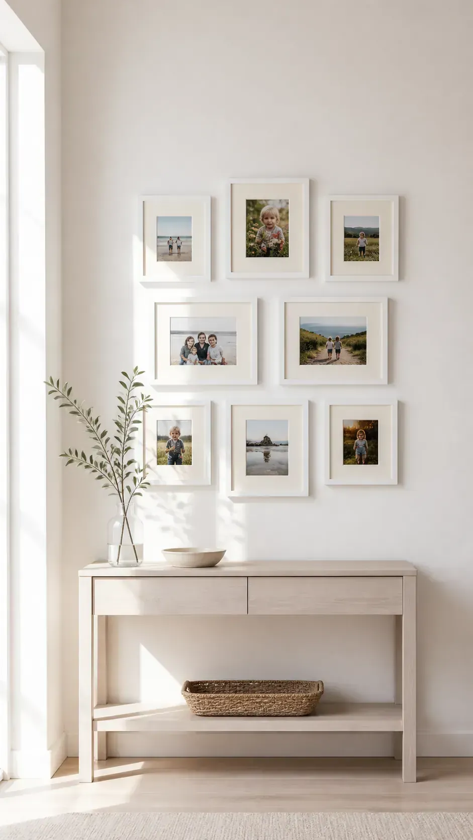 White photo frames arranged on a soft white wall