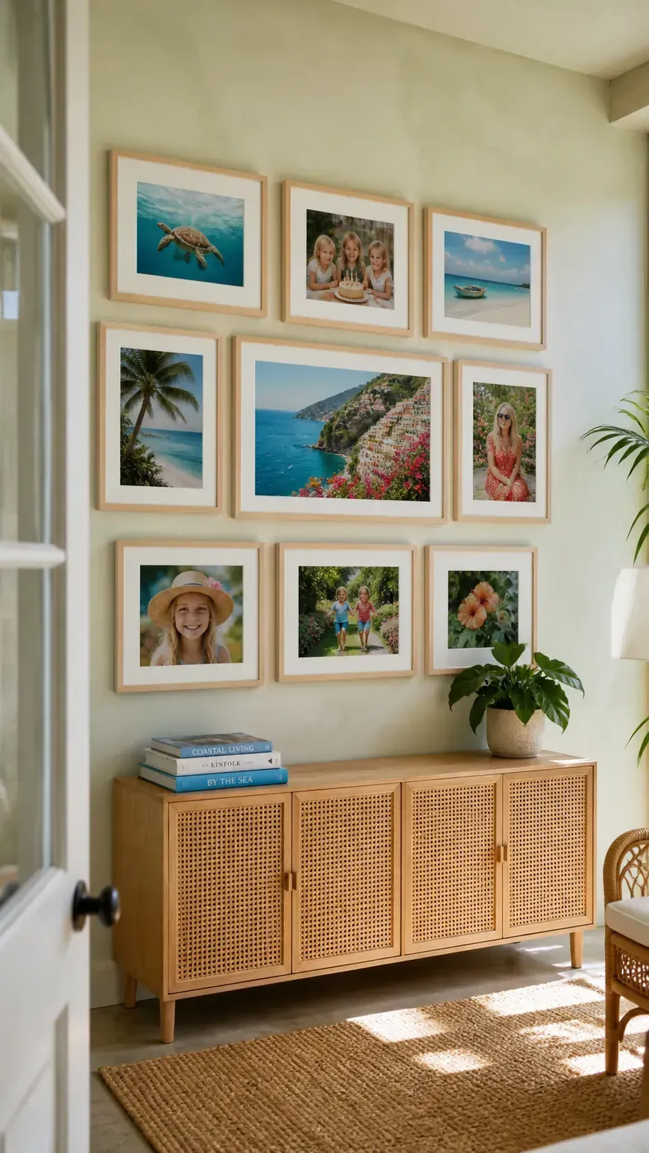 Natural wood frames with colorful family photographs