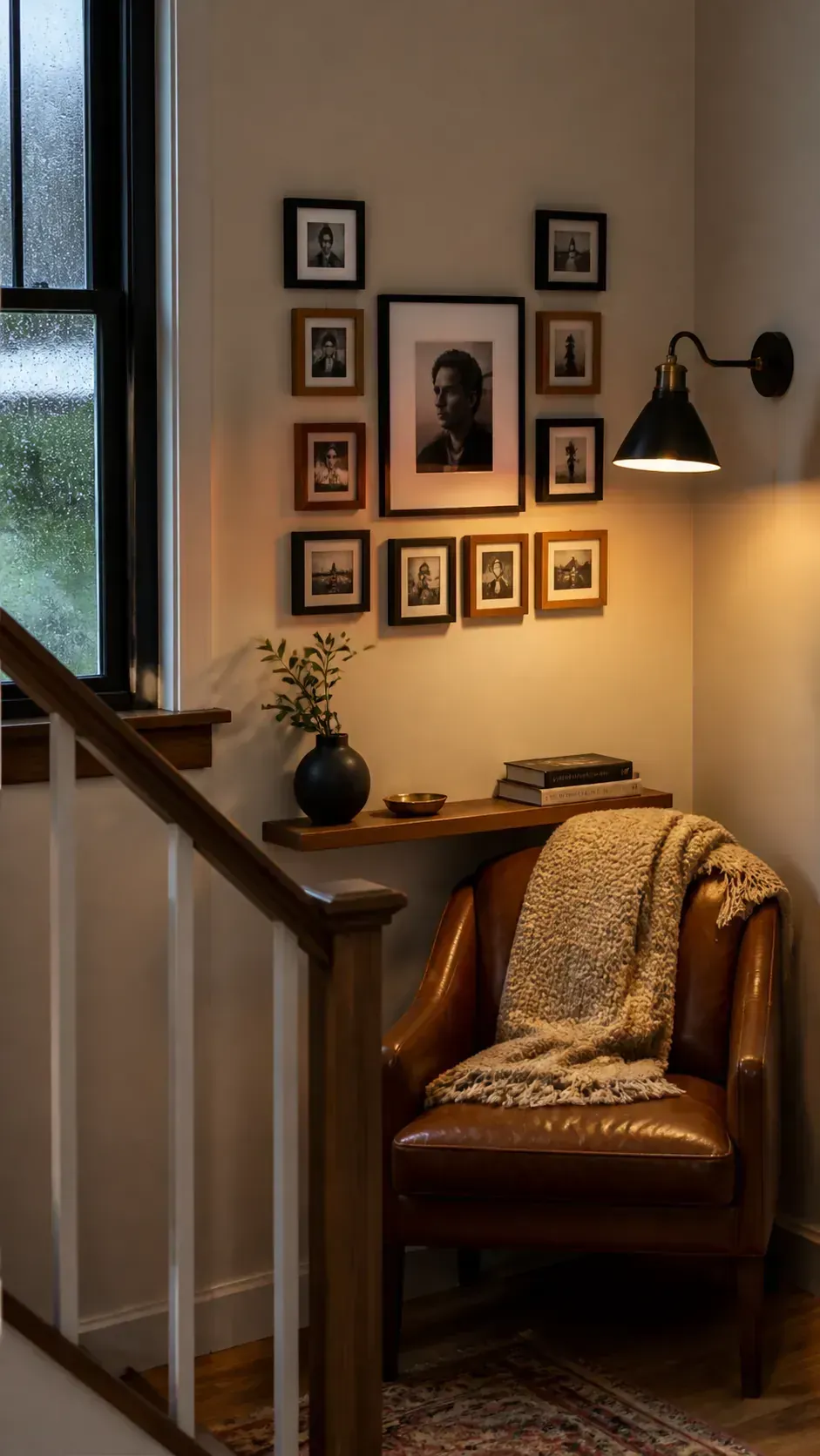 Small photo frame gallery in an intimate hallway nook