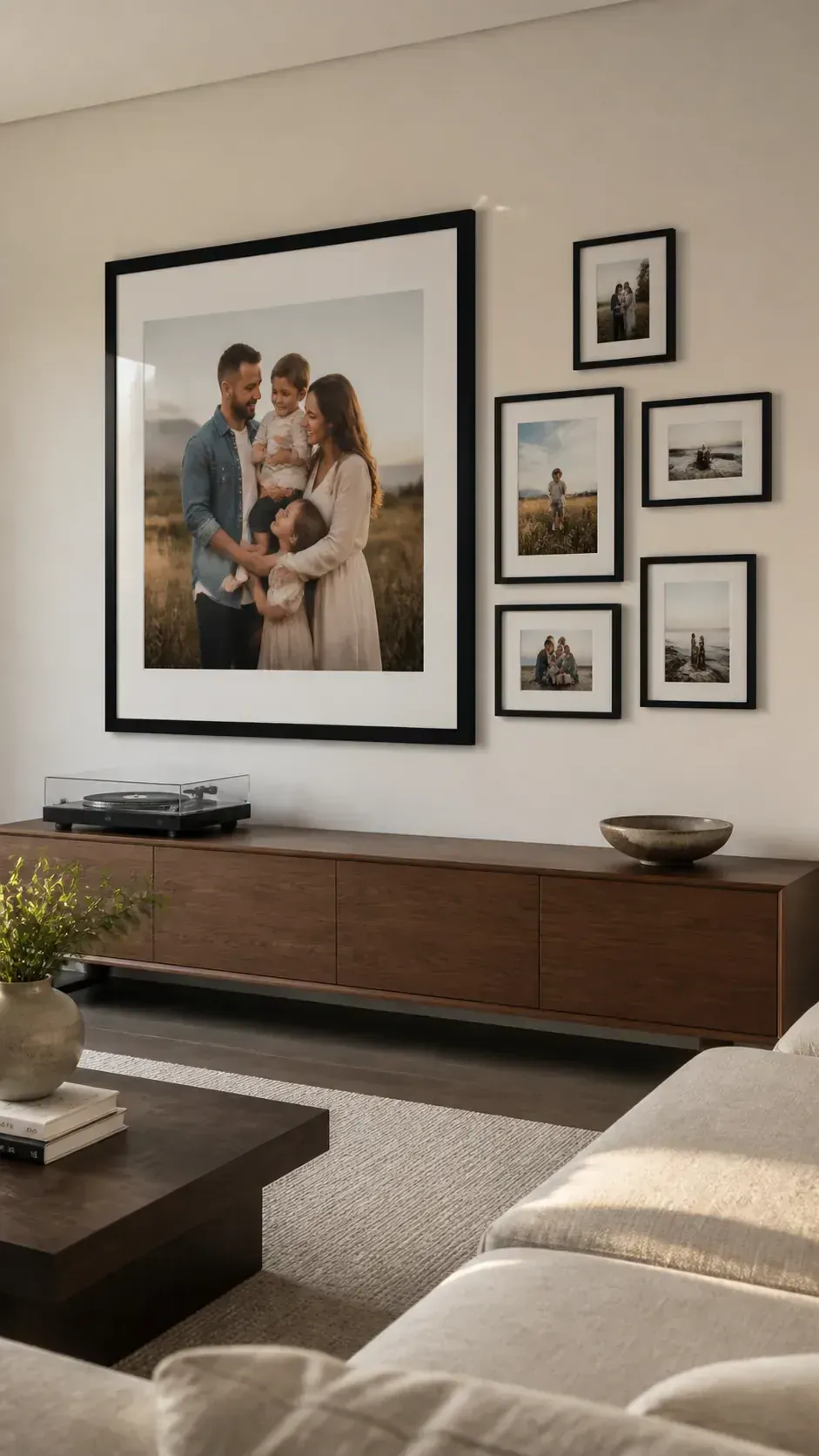 Oversized frame anchoring an organic gallery wall