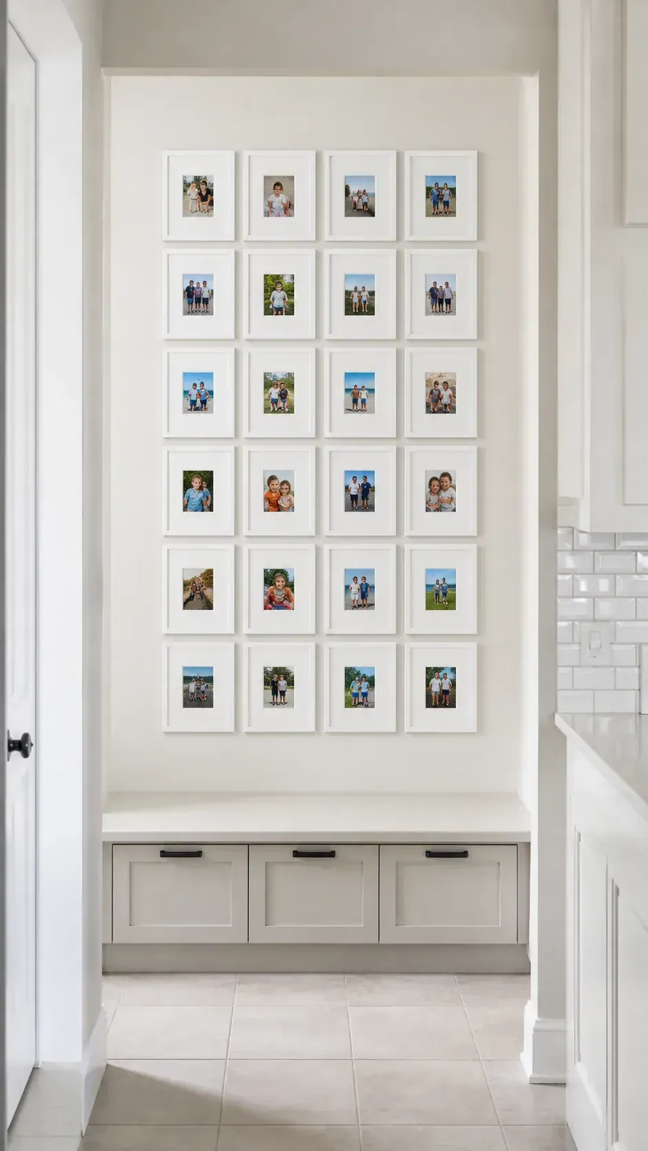 Matrix of small family photographs in matching frames