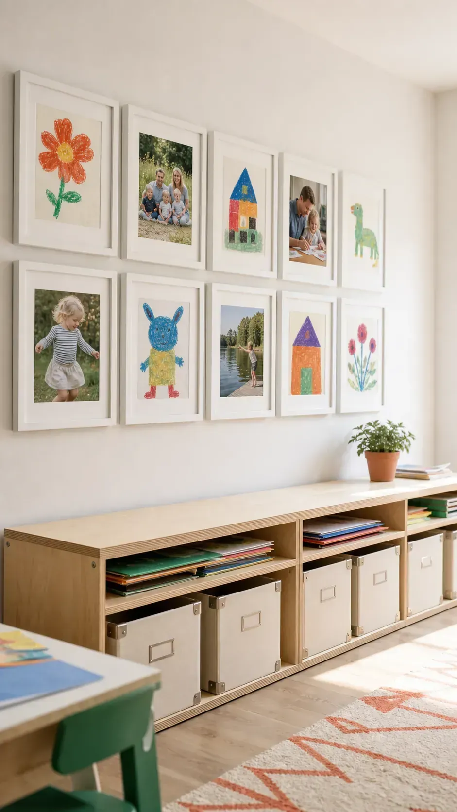 Family photographs mixed with framed children's drawings