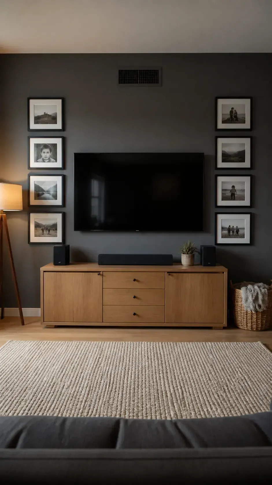 Family photo frames balanced around a television