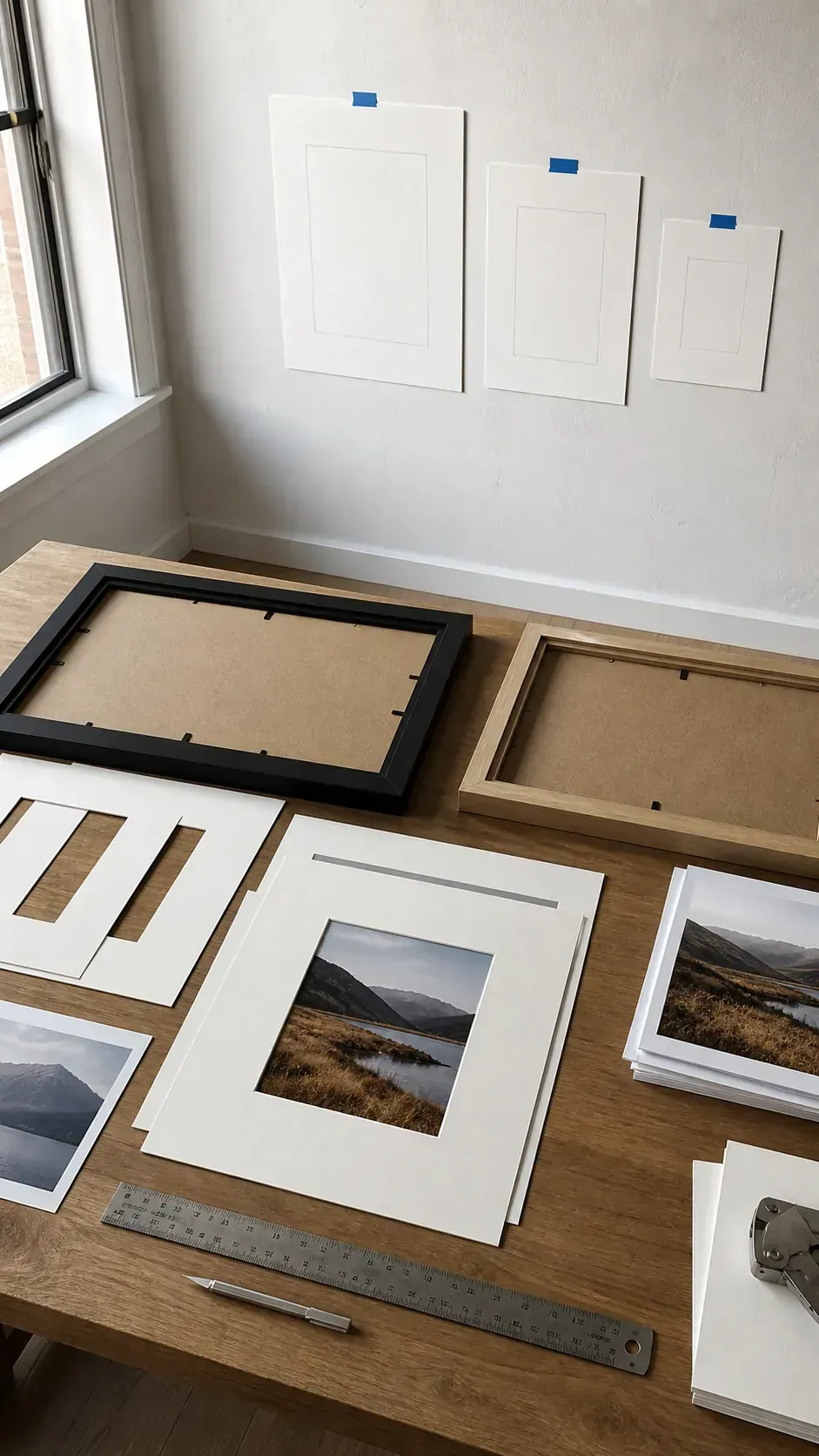 Photo wall planning with measured frame and mat openings