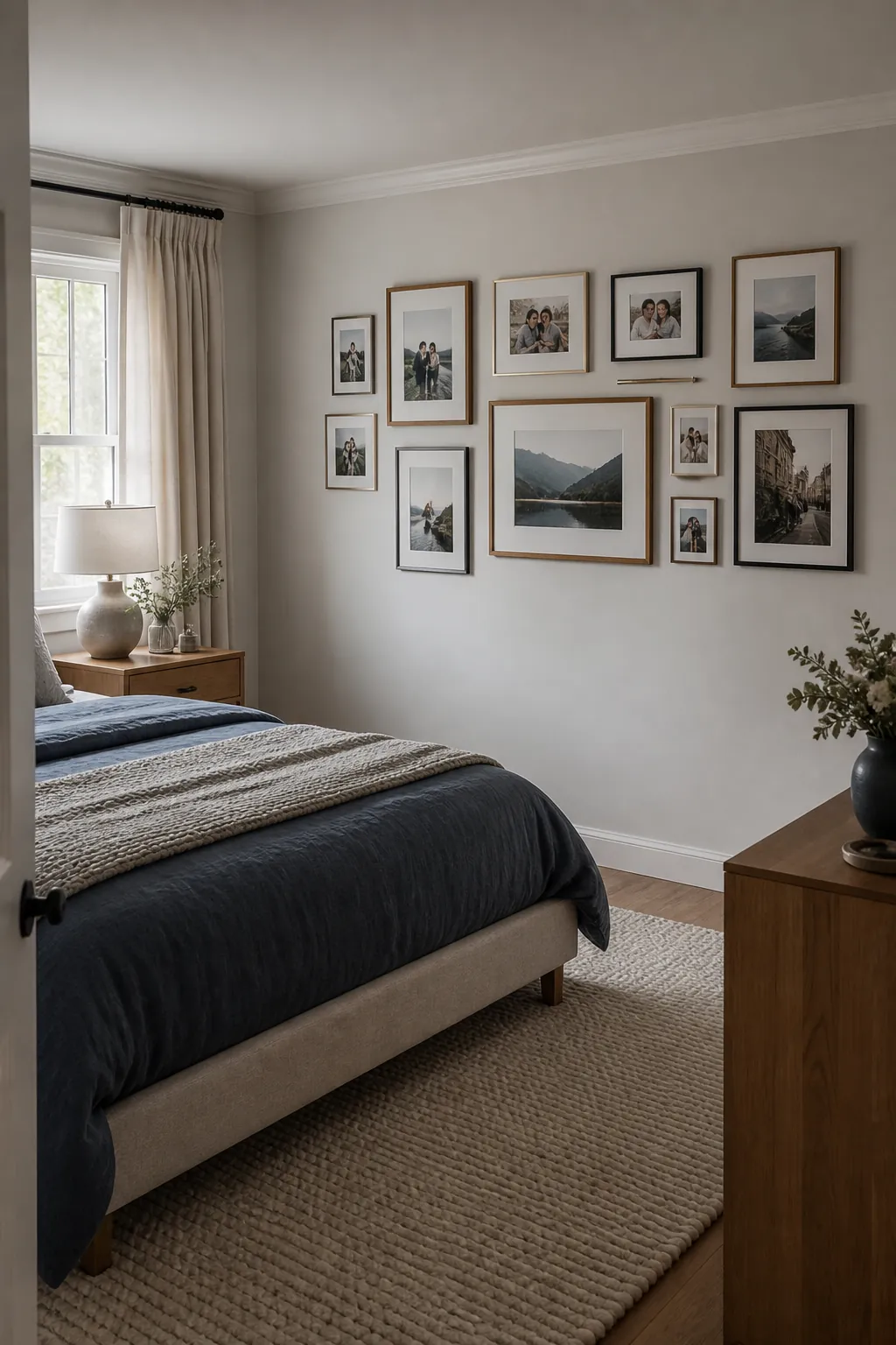 Calm bedroom with a stylish personal photo frame wall