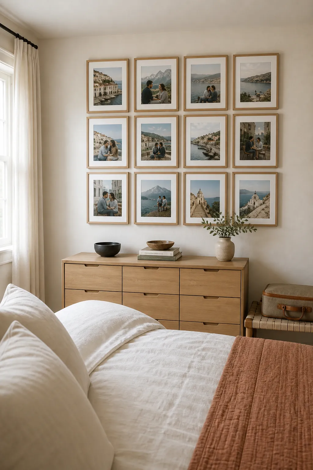 Travel photograph gallery on the wall opposite a bedroom bed