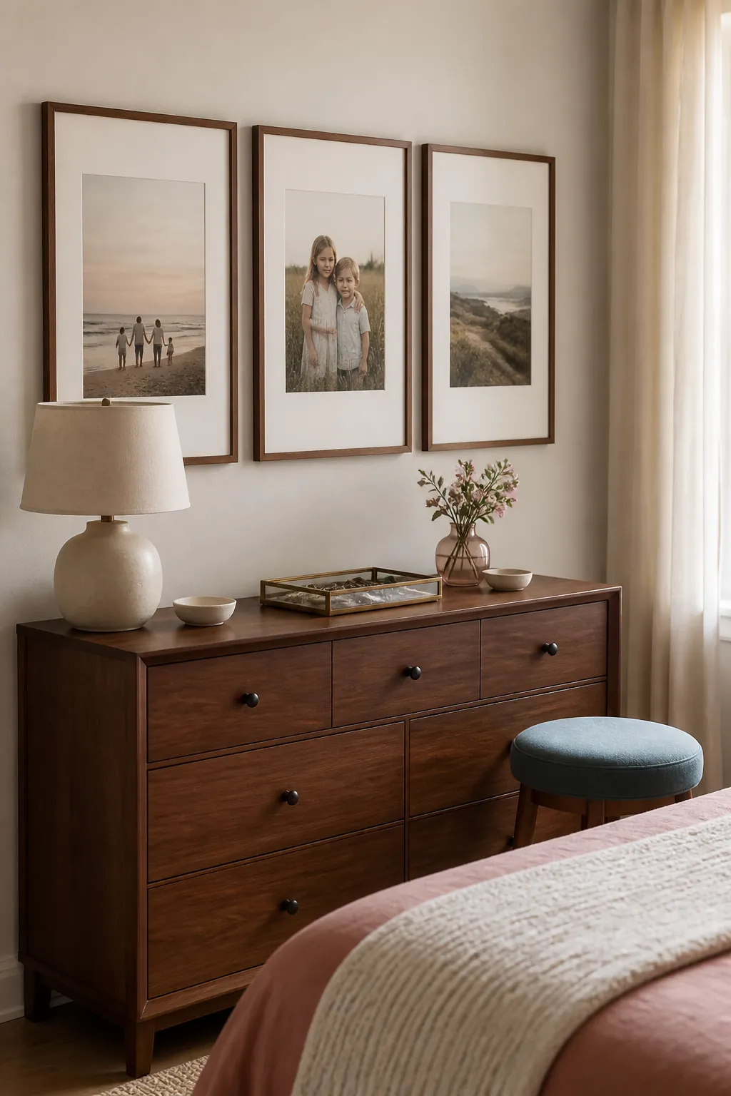 Three large photo frames above a bedroom dresser