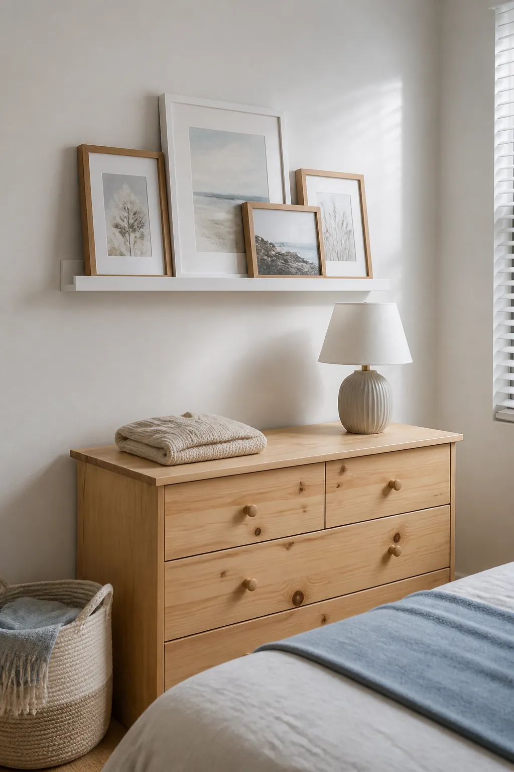 Layered picture ledge on a calm bedroom wall