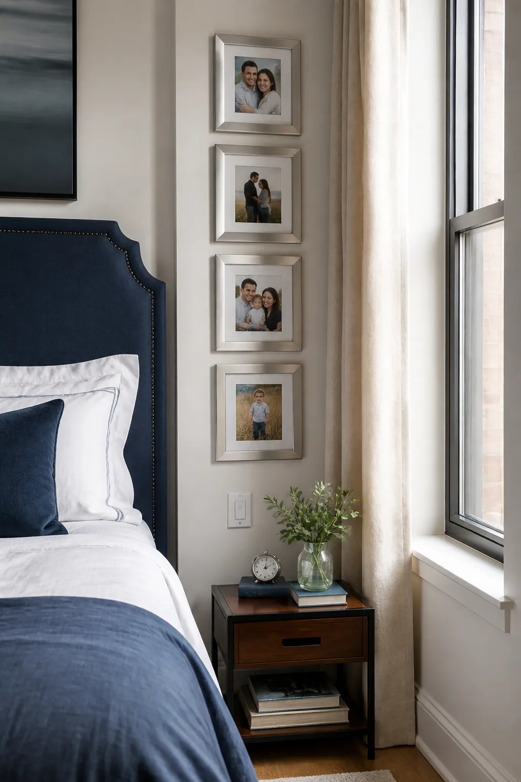 Vertical stack of photographs beside a bedroom bed