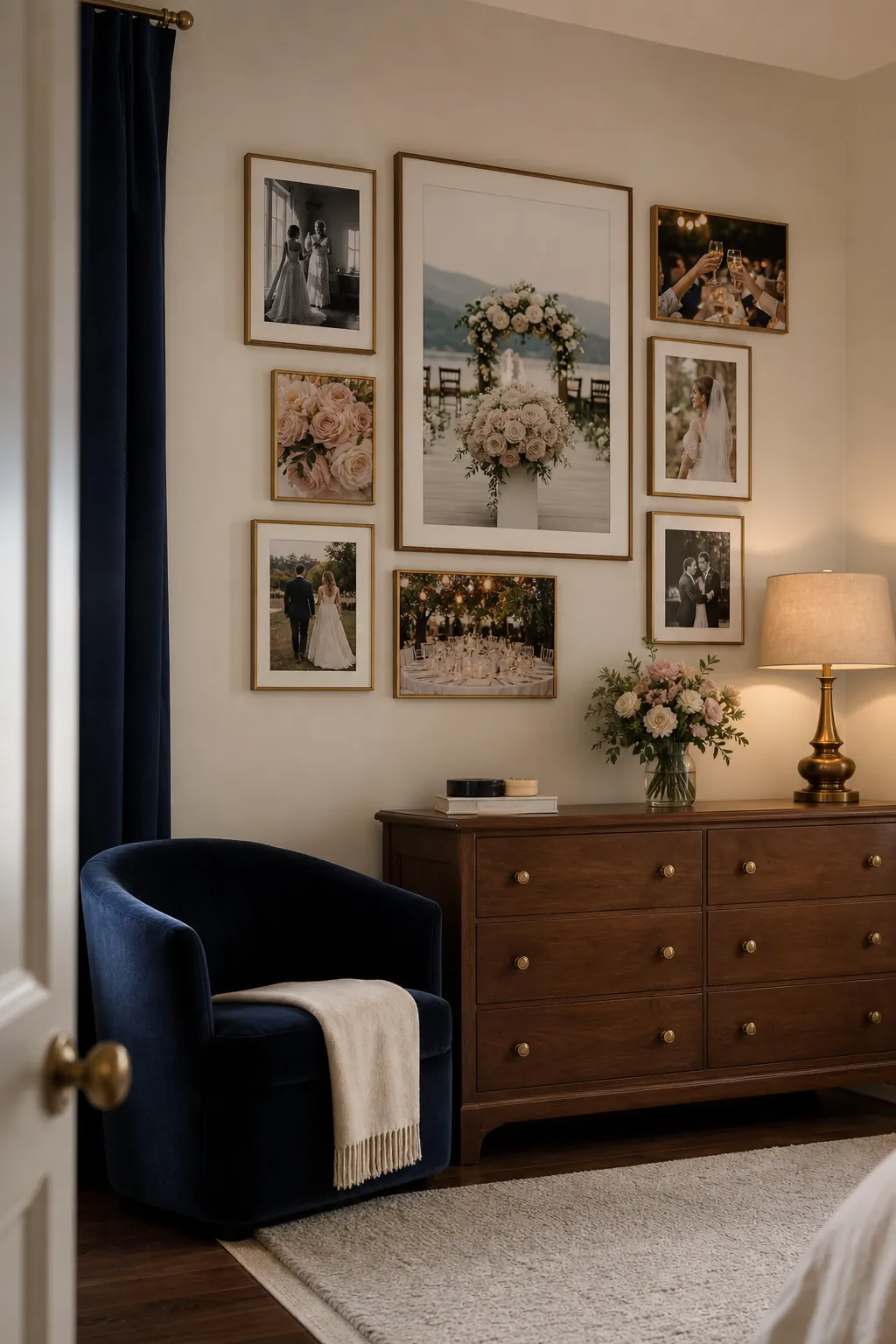 Wedding photo story arranged on a bedroom wall