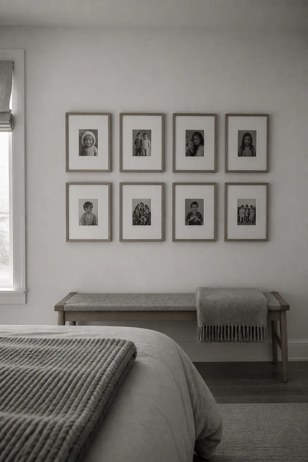 Black and white photographs in a quiet bedroom gallery