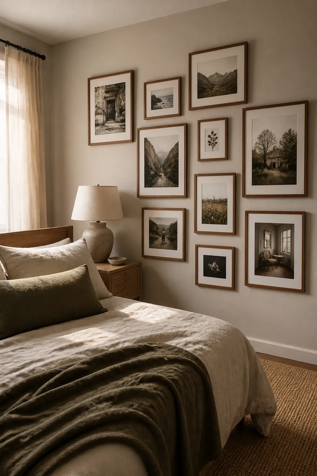 Warm wood photo frames with natural linen bedding