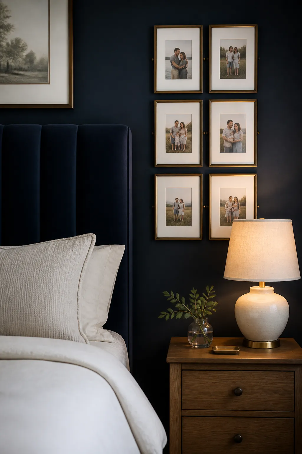 Slim brass photo frames beside a navy bedroom headboard