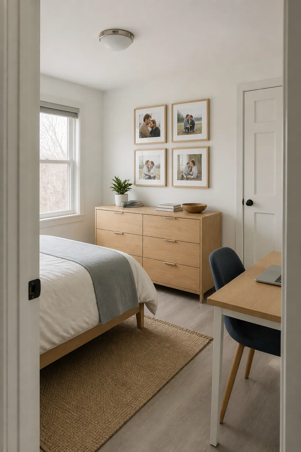 Four coordinated photographs in a small bedroom