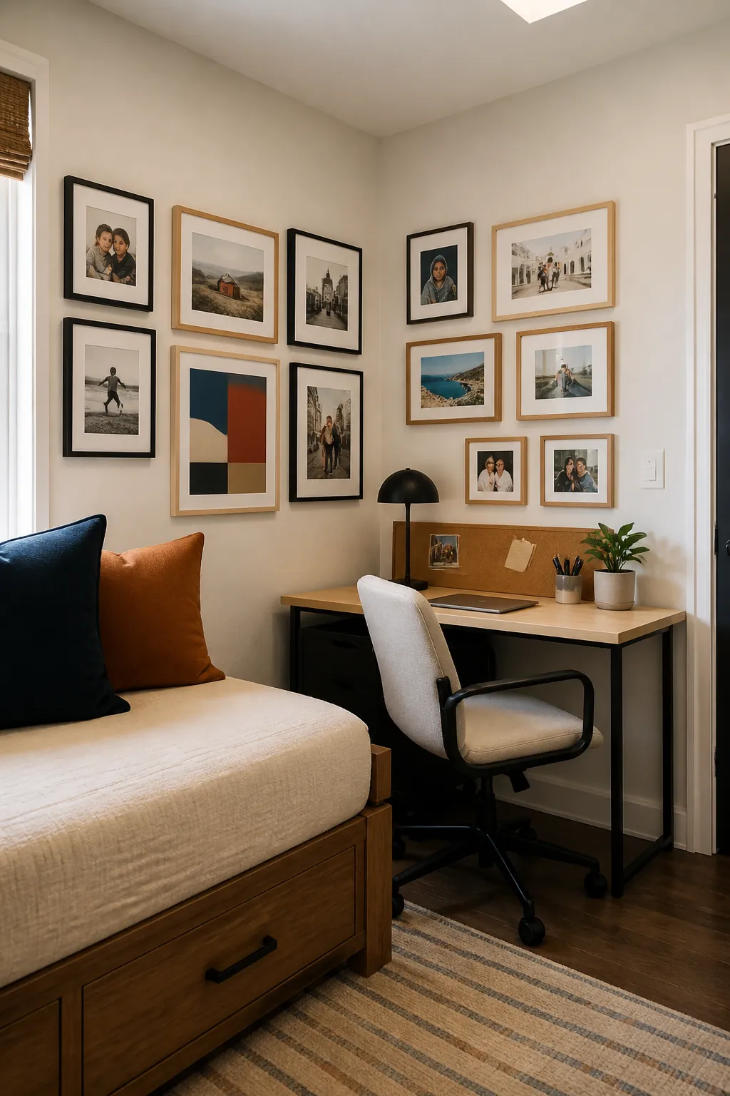 Organic framed photo gallery wrapping a bedroom corner