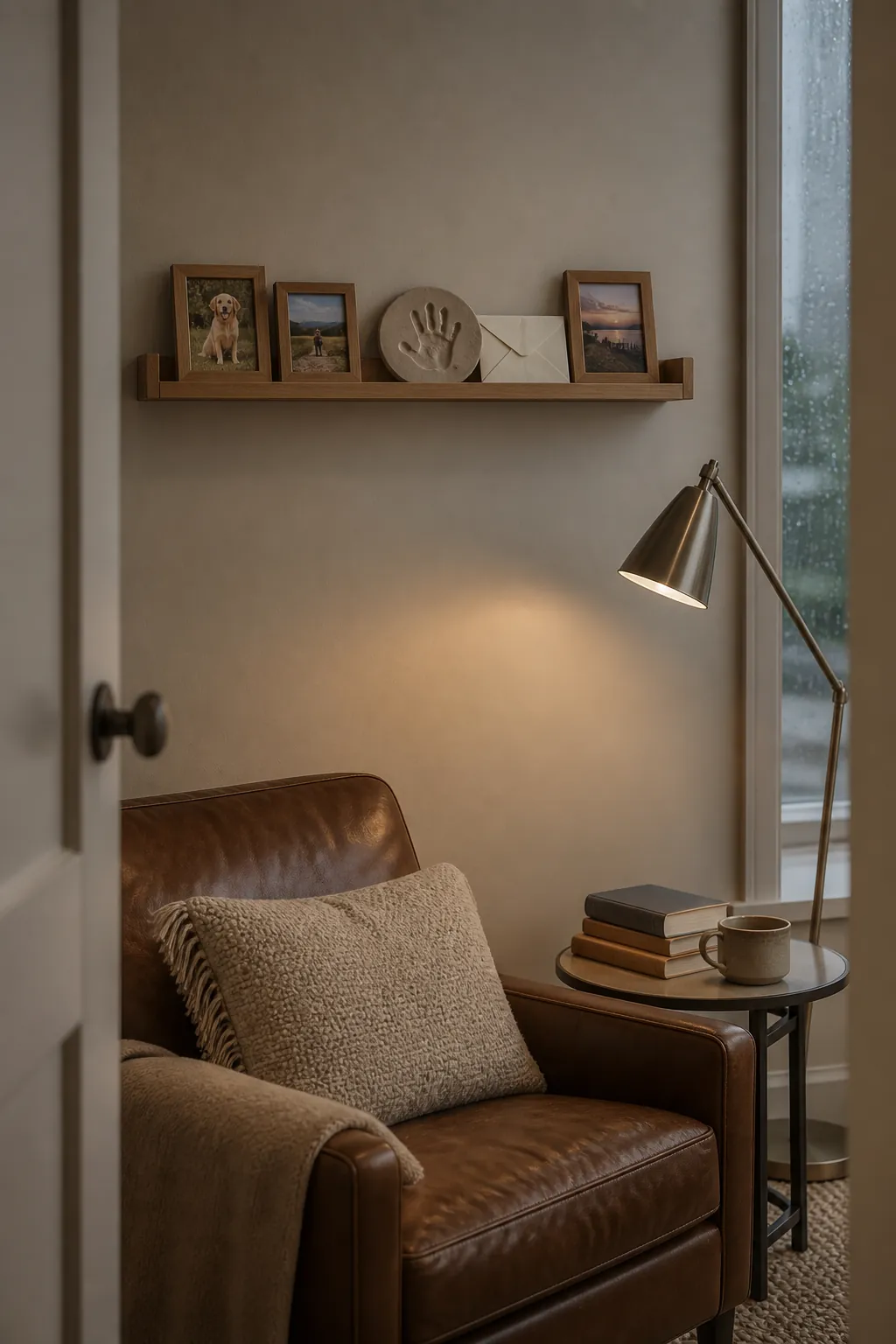 Framed photographs and keepsake on a bedroom memory shelf