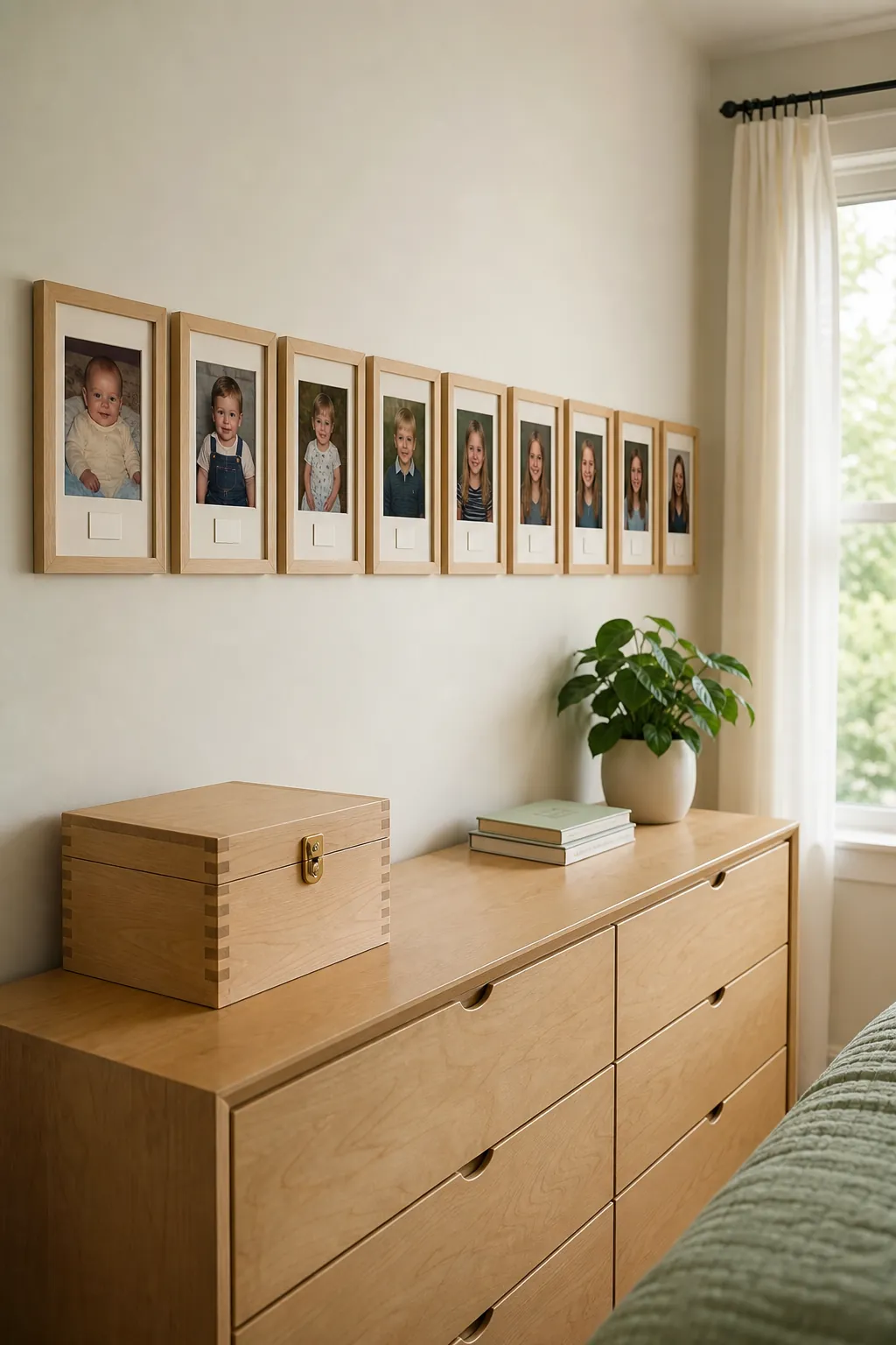 Childhood photo timeline displayed on a bedroom wall
