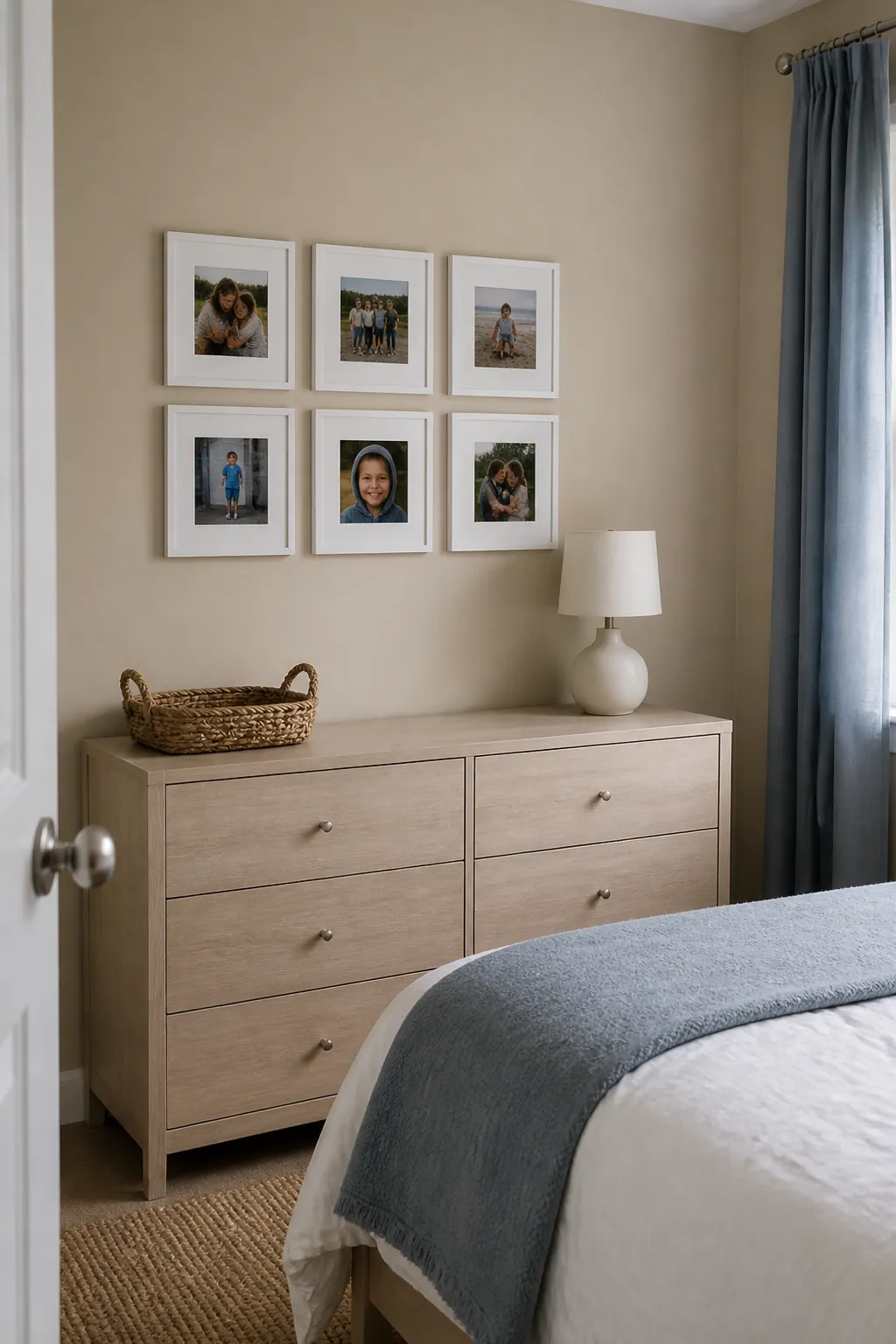 Lightweight renter friendly bedroom photo grid