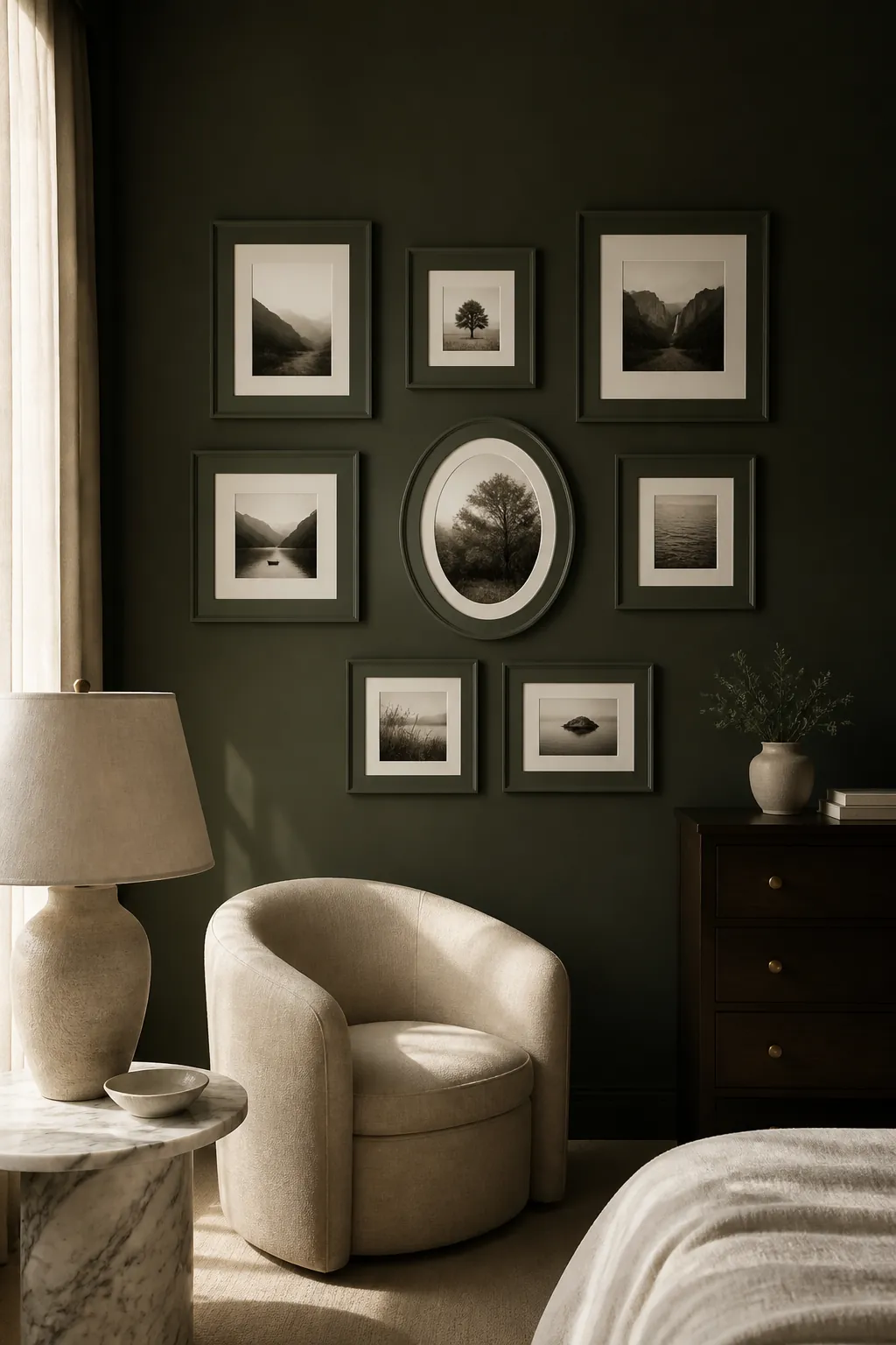 Photo frames matching a deep painted bedroom wall