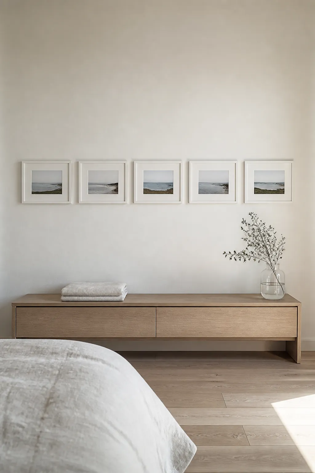 Minimal row of pale photo frames in a bedroom