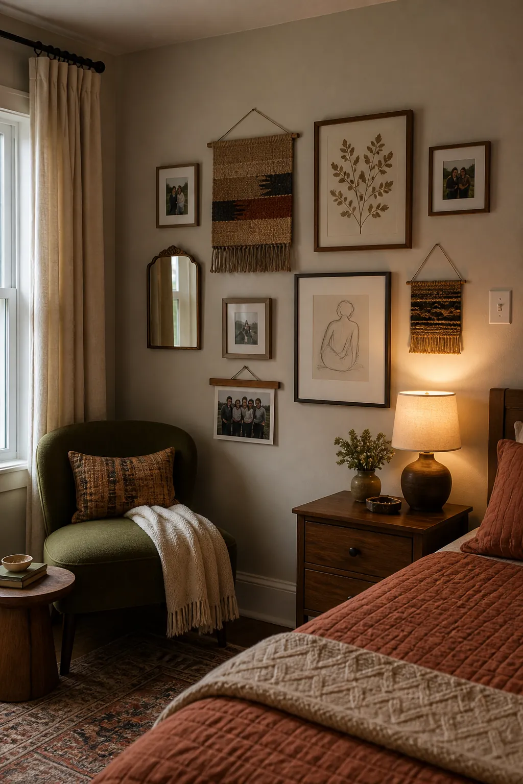 Earthy maximalist bedroom wall with framed photographs