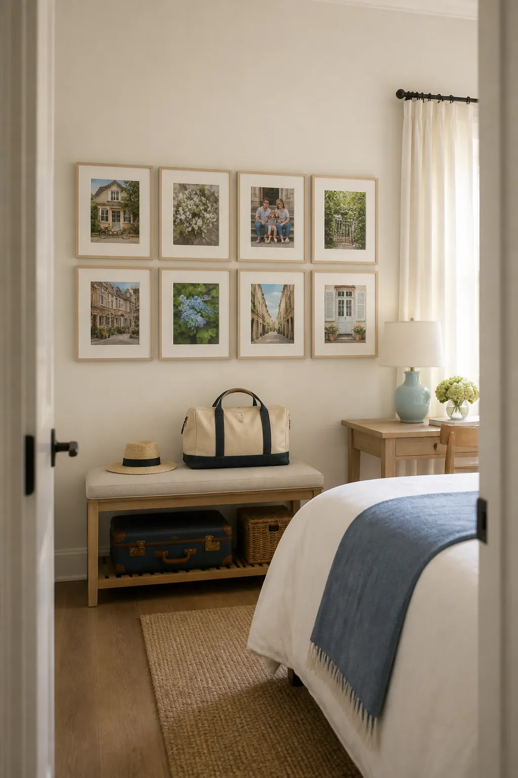 Welcoming framed photo gallery in a guest bedroom