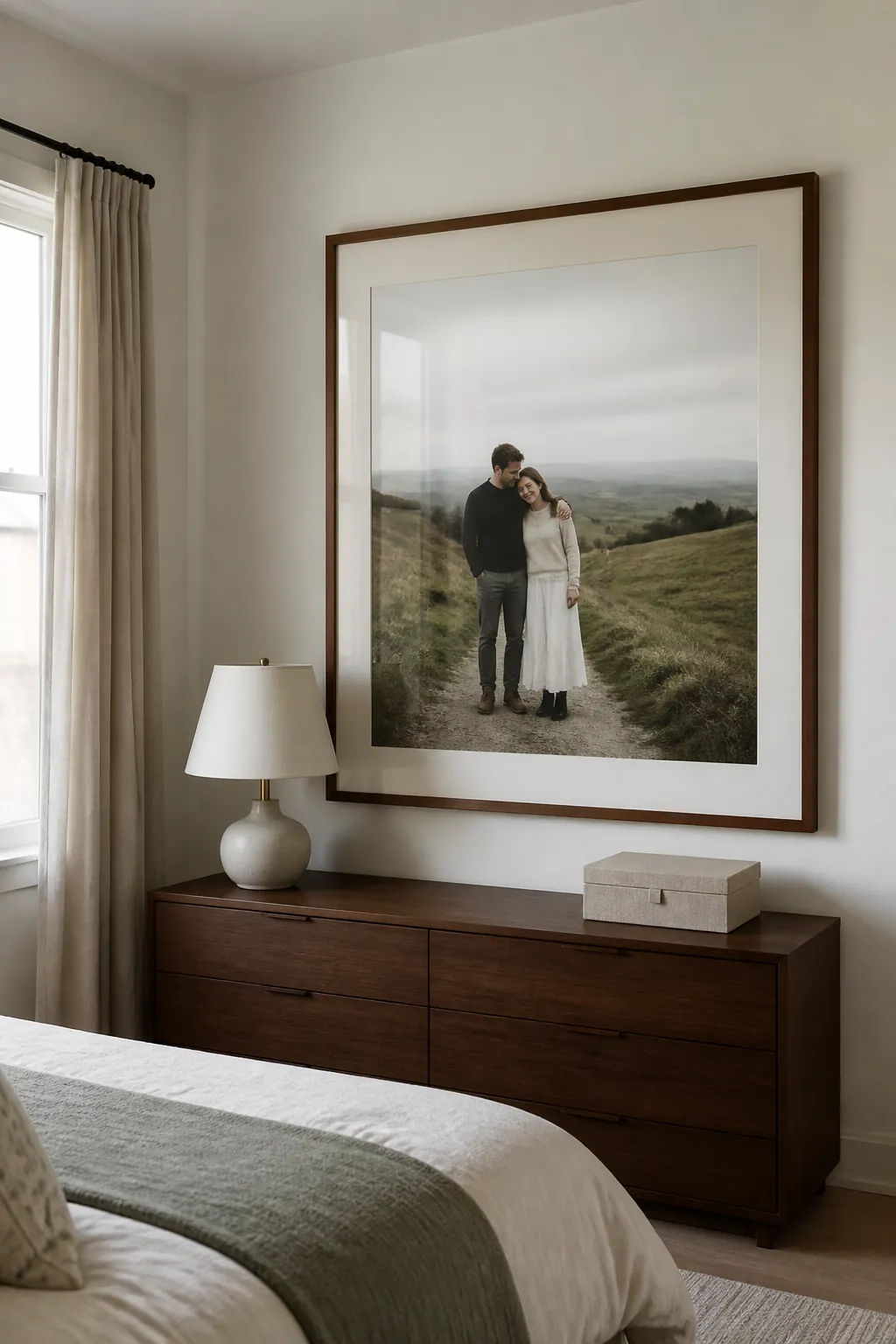 Oversized couple portrait on a calm bedroom wall