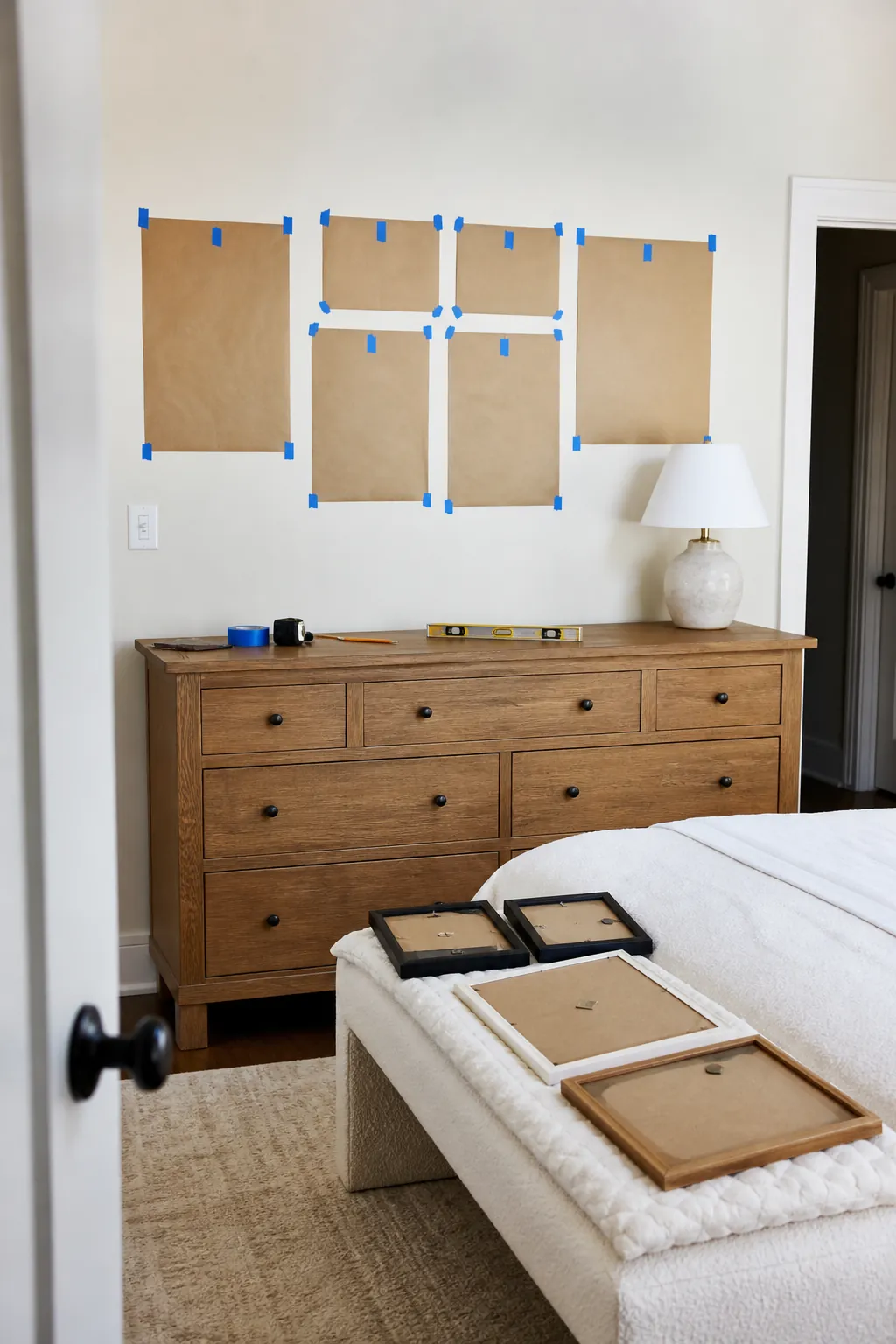 Bedroom photo gallery planned with kraft paper templates