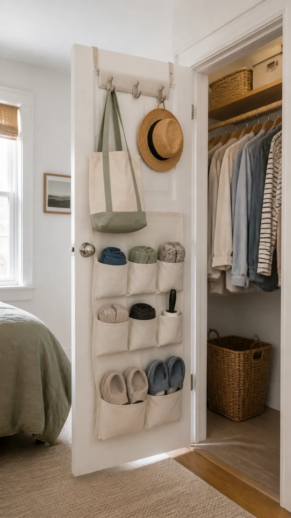 Practical storage organized on the back of a small closet door