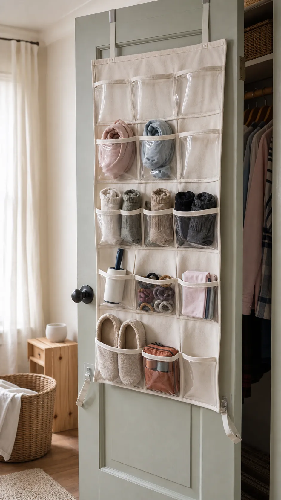 Clear pocket organizer holding neatly sorted closet accessories