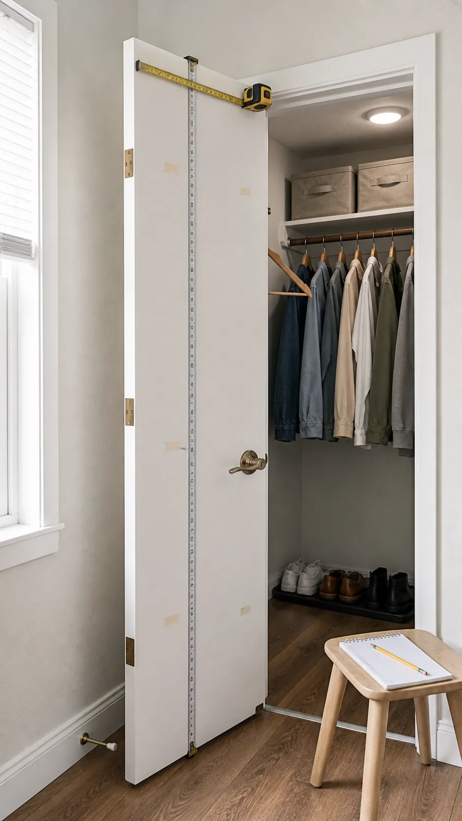 Tape measure marking the usable storage zone on the back of a closet door