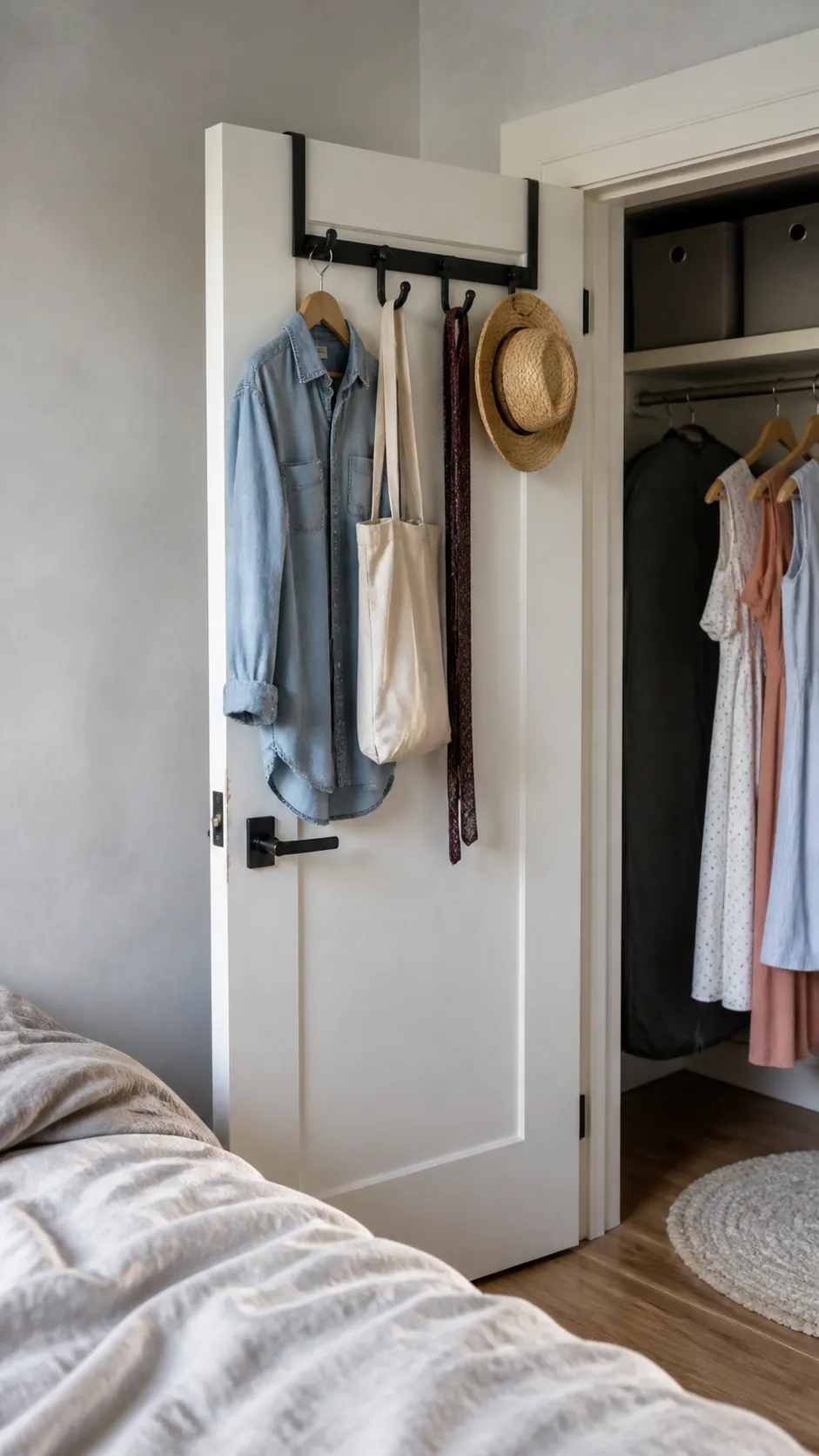 Padded closet door hooks holding a light daily outfit and tote