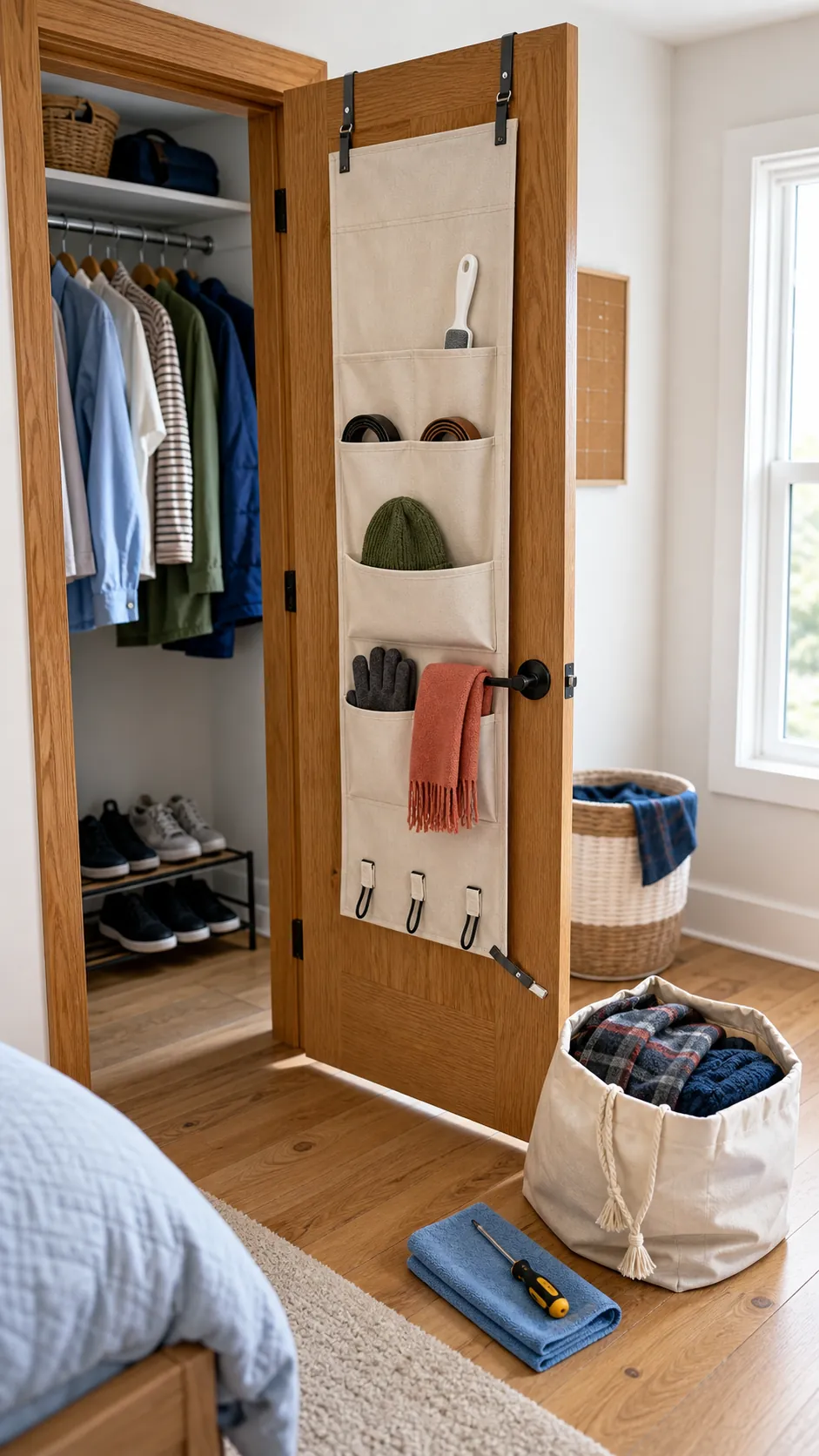 Organized closet door storage being checked for clear movement