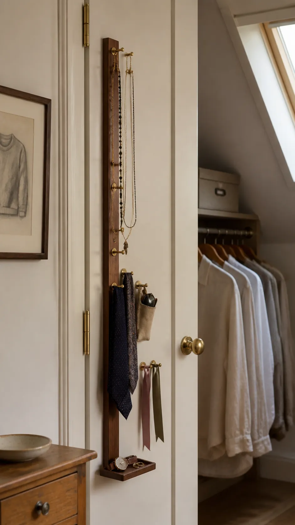 Slim closet door station organizing jewelry ties and sunglasses