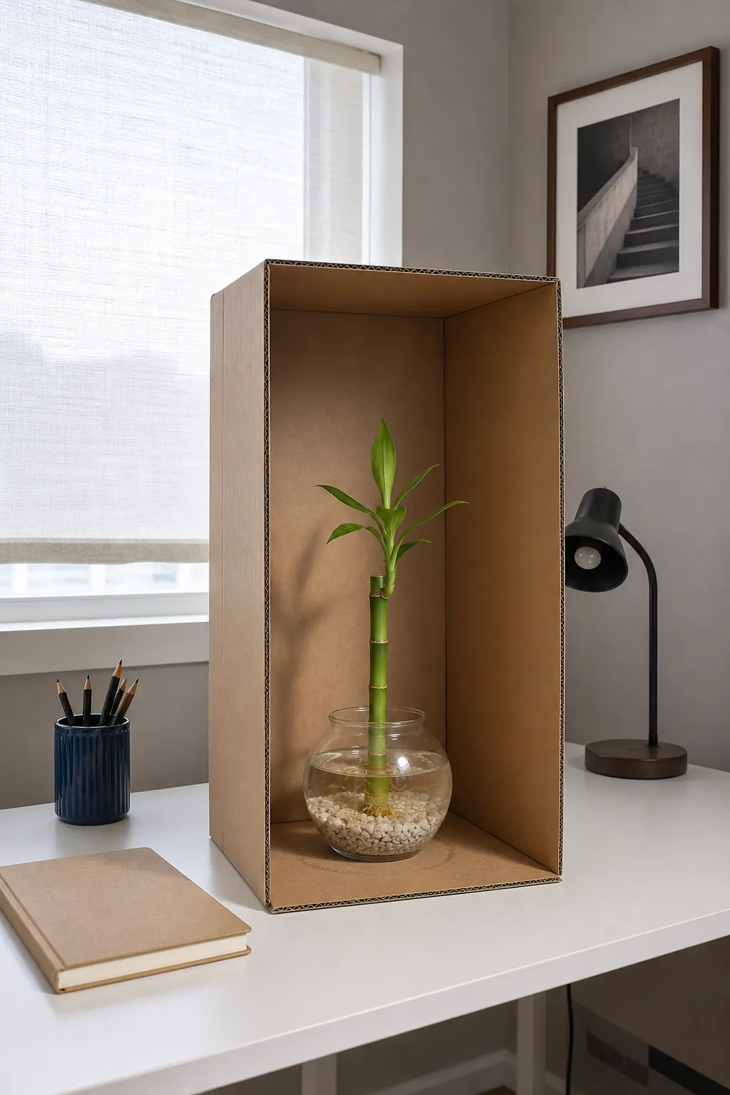 Open cardboard box setup for lucky bamboo spiral training