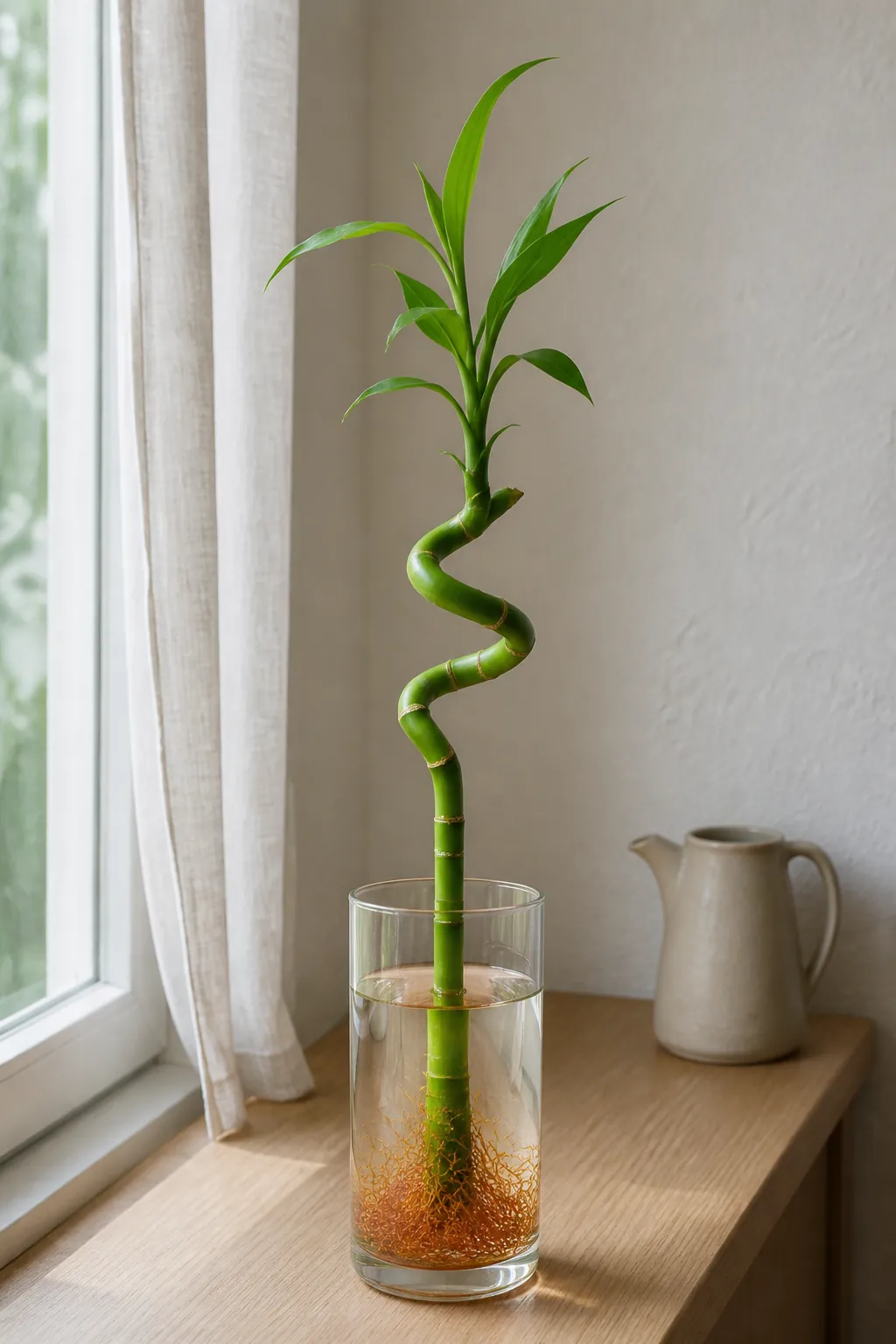 Graceful lucky bamboo spiral growing beside a bright window