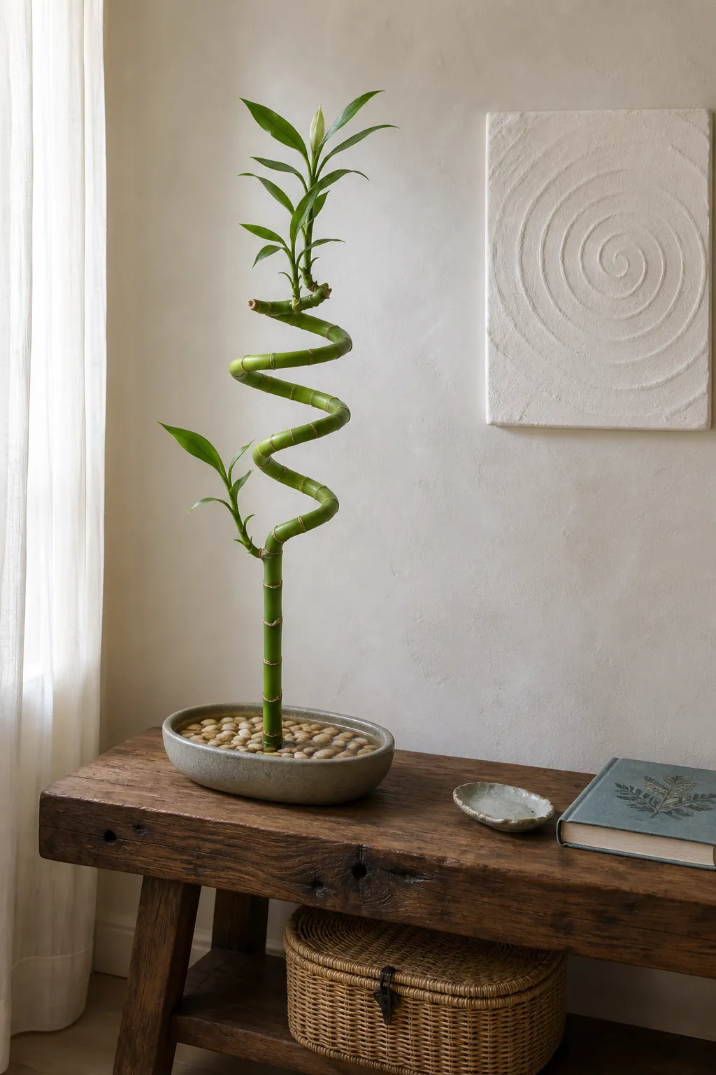 Finished lucky bamboo spiral displayed in bright indirect light