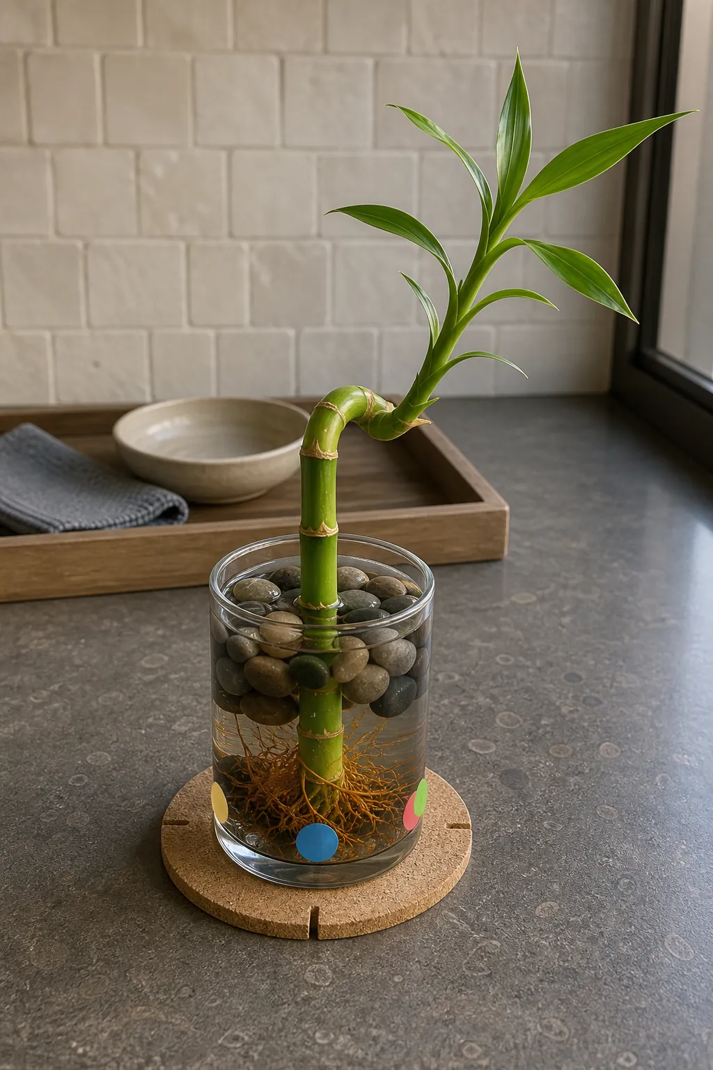 Quarter turn marks on a lucky bamboo container during spiral shaping