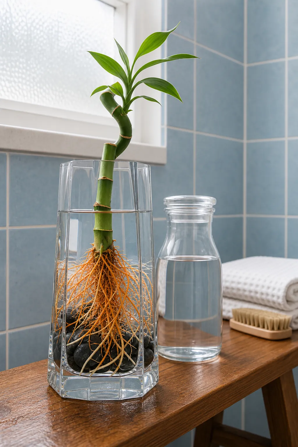 Clean lucky bamboo roots in filtered water during training