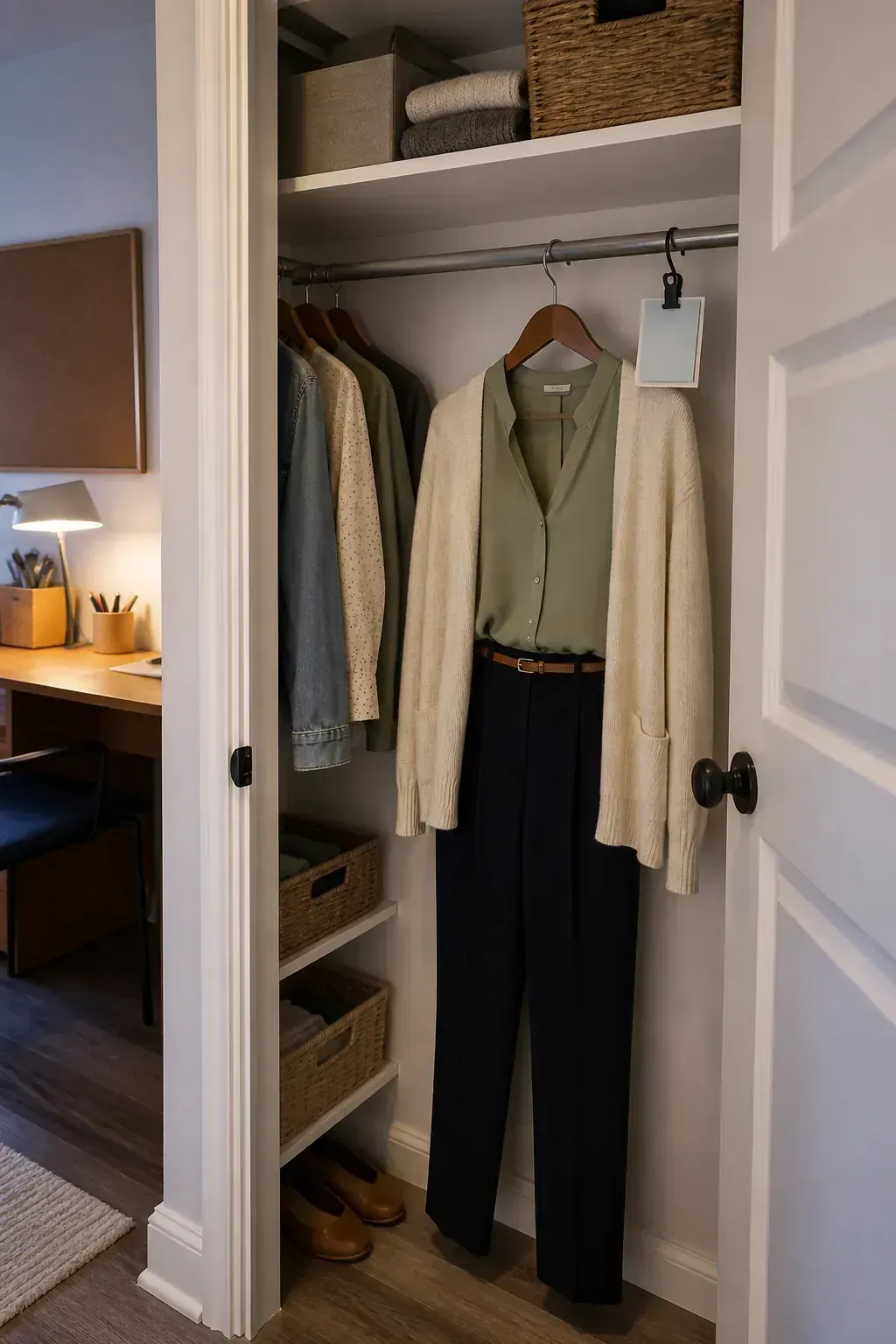 Tomorrow outfit prepared on a closet side hook