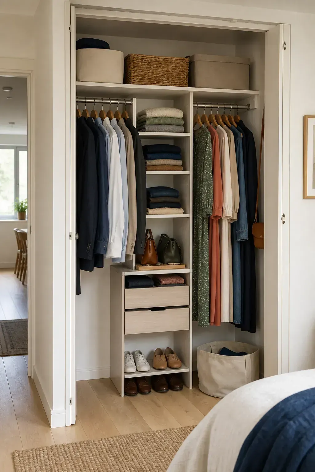 Small closet organized into clear zones for daily outfits