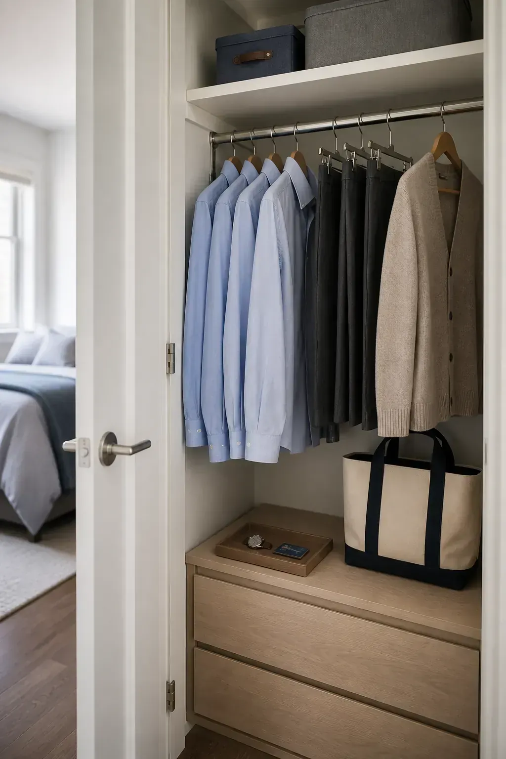 Compact closet work outfit zone with shirts trousers and a bag