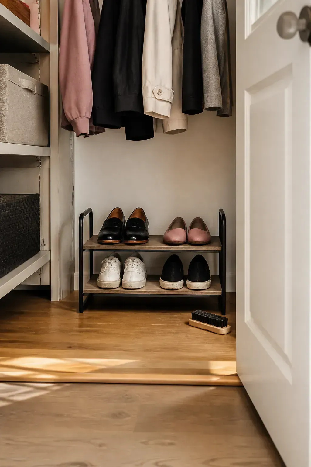 Shallow daily shoe zone on a small closet floor