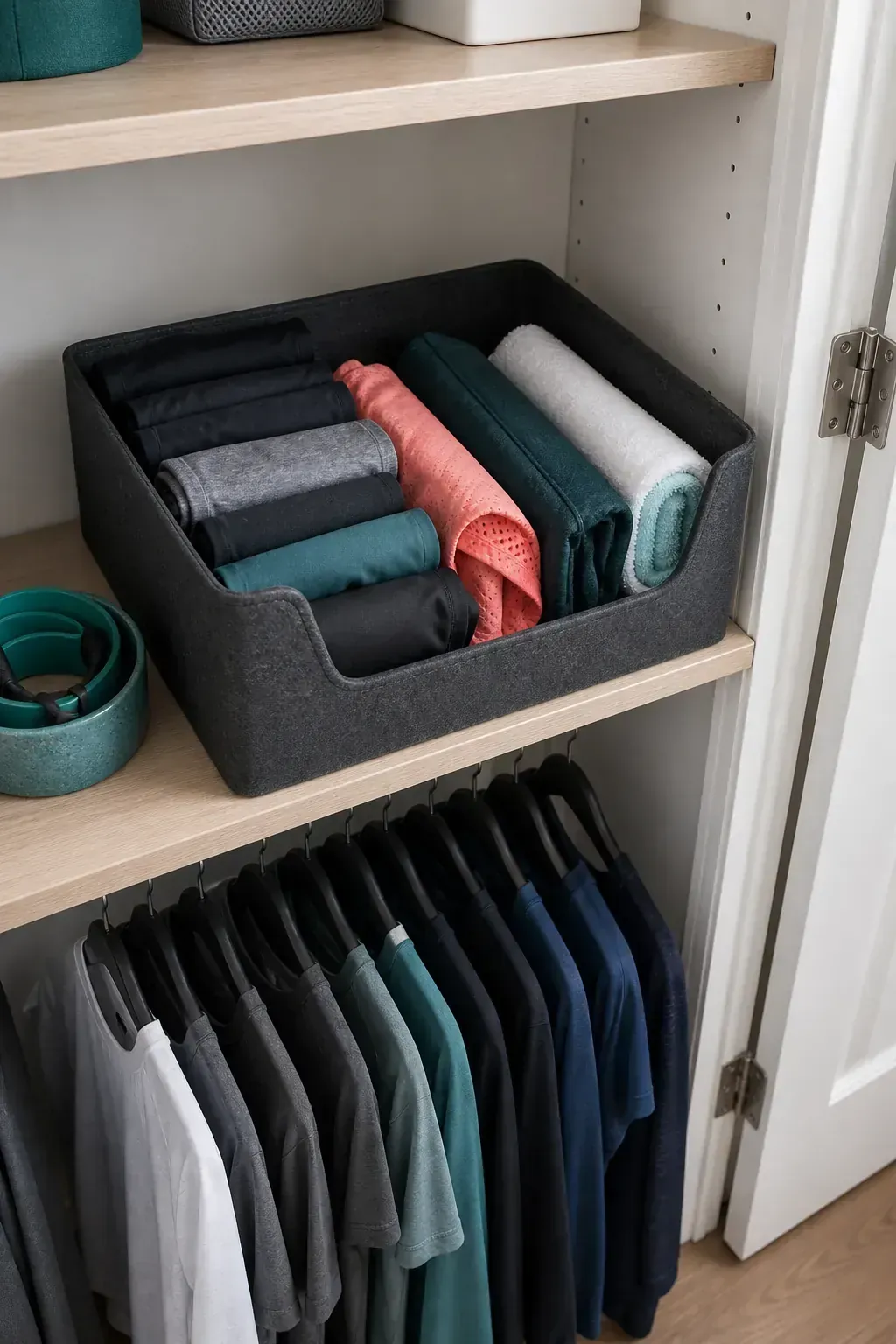 Open front bin organizing workout clothes in a small closet