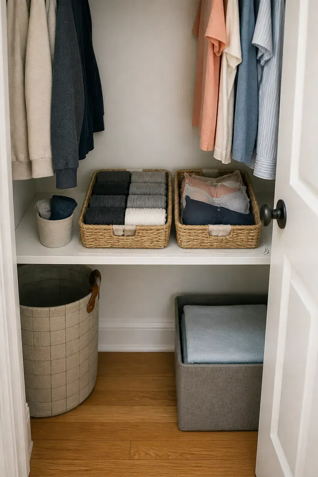 Two small closet baskets separating socks and underwear