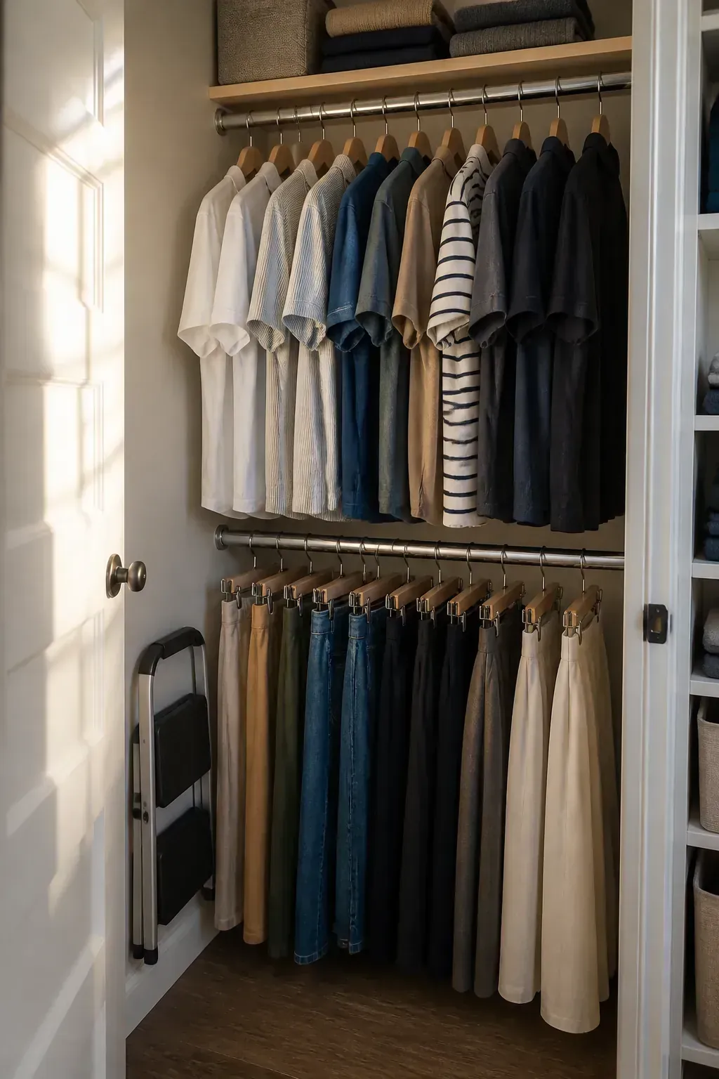 Double closet rod with tops above and bottoms below